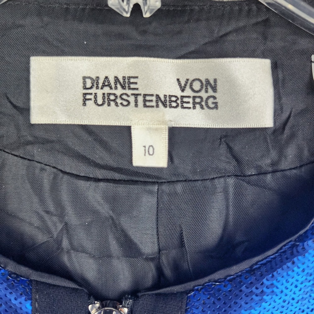 Diane von Furstenberg Sequin Jacket Womens Size 10 Blue Cropped Full Zip Blazer - Picture 5 of 8